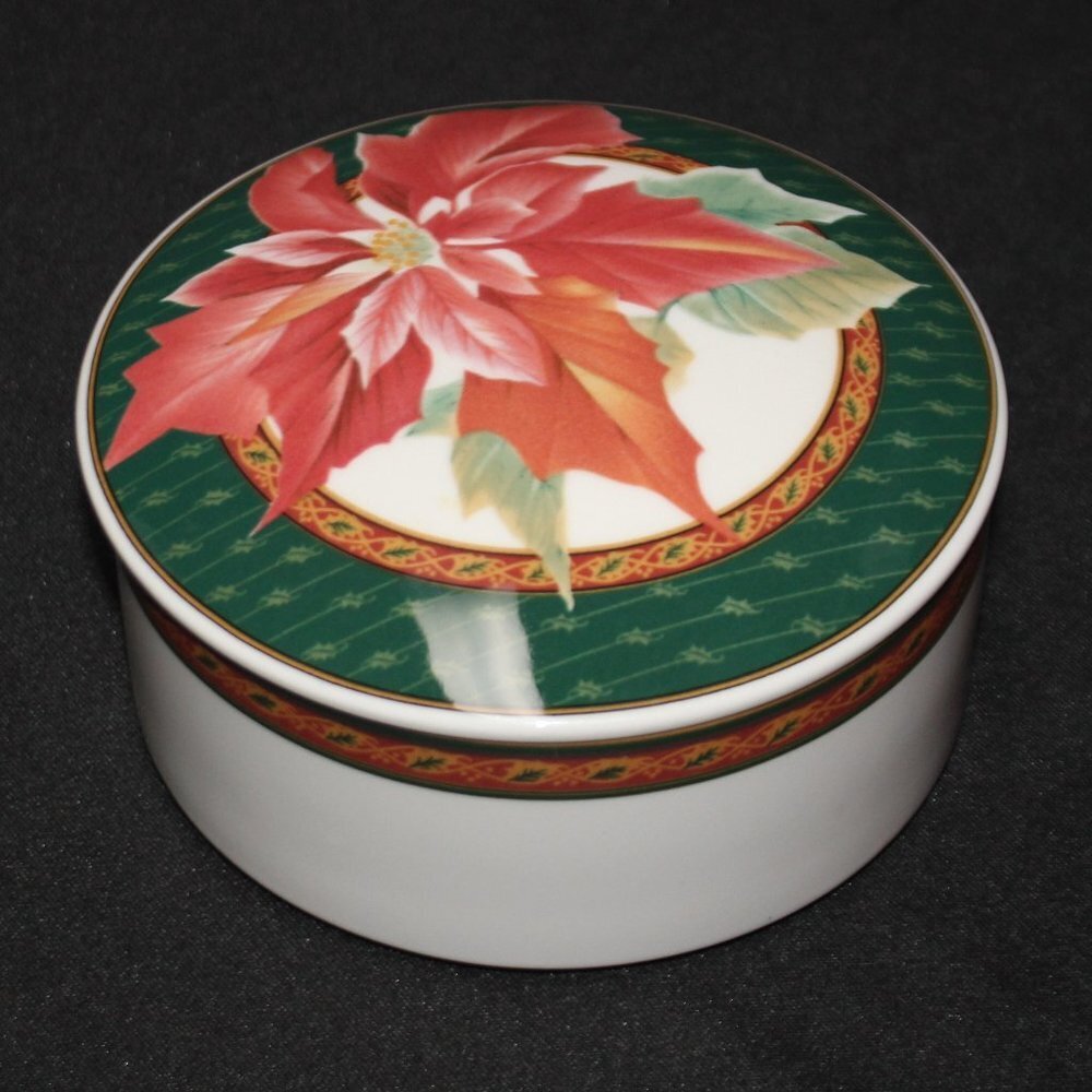 Mikasa Holiday Fleur Poinsettia Trinket Ceramic Container